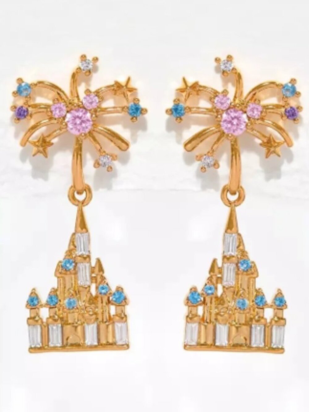 Girls Crew Gold-Tone Castle & Firework Drop Earrings with Pink and Blue Stones
